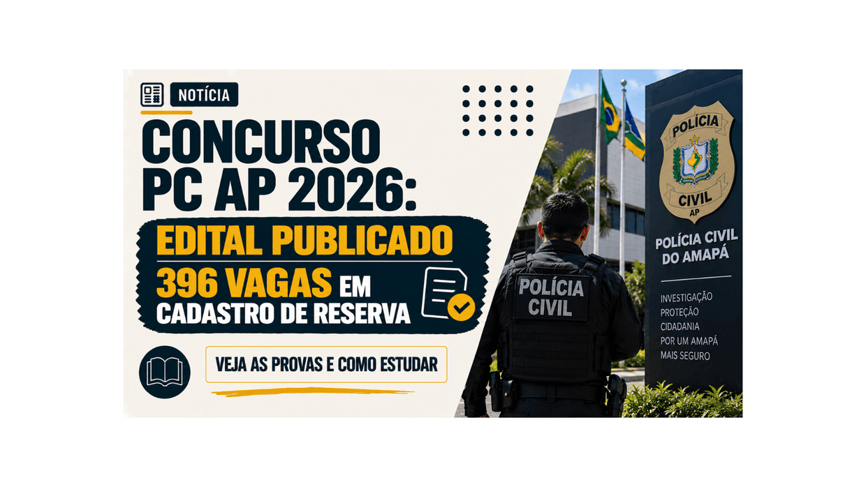Agente da Polícia Civil em frente à sede da Polícia Civil do Amapá com placa oficial e bandeiras ao fundo